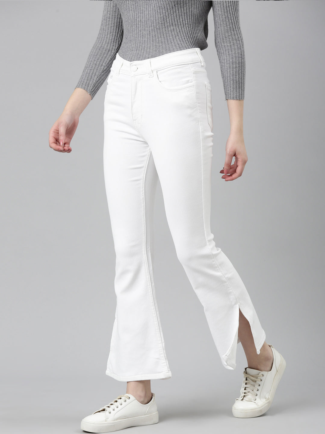 Women's White High-Rise Bootcut Denim Slit Jeans