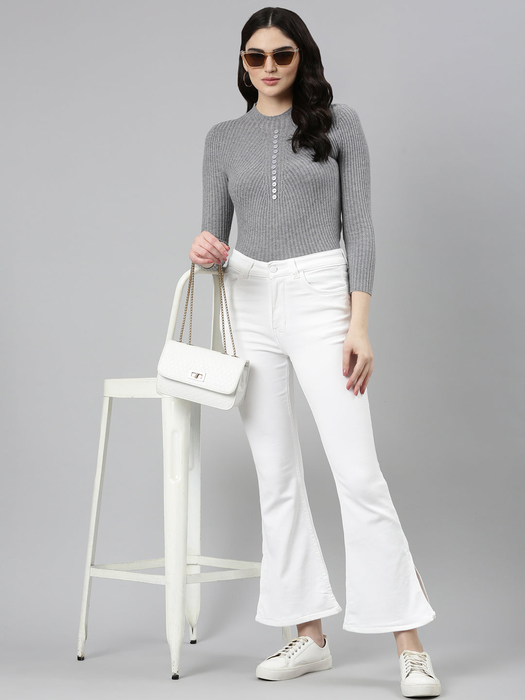 Women's White High-Rise Bootcut Denim Slit Jeans