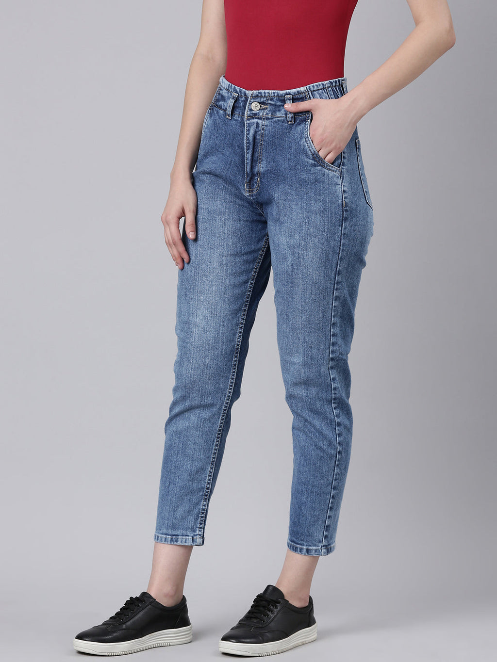 Women's Blue Heavy Fade Acid Wash Mom Fit Denim Jeans