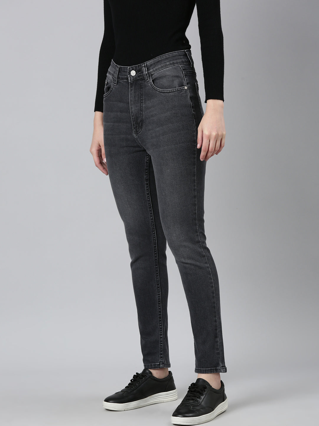 Women's Grey Jean Straight Fit Light Fade Acid Wash Stretchable Jeans