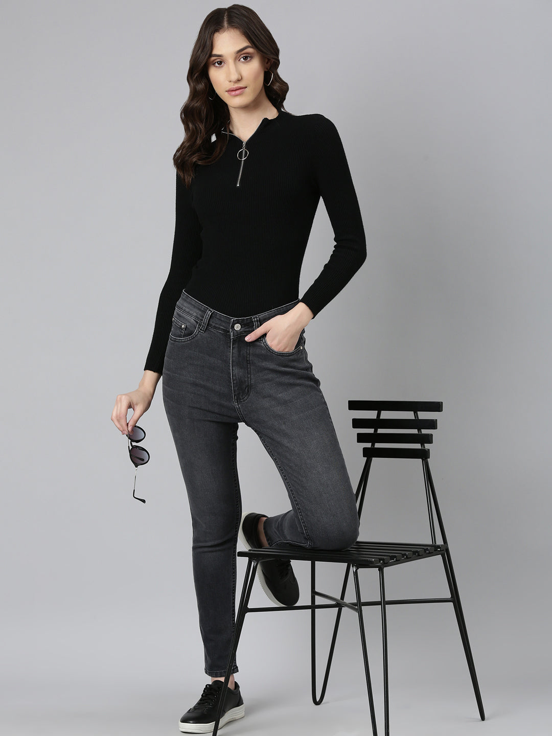 Women's Grey Jean Straight Fit Light Fade Acid Wash Stretchable Jeans