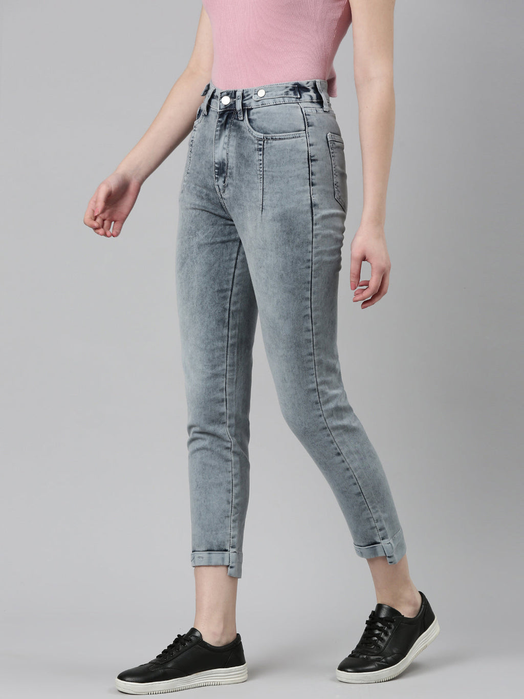 Women's Grey Mid Rise Slim Fit Heavy Fade Acid Wash Denim Jeans