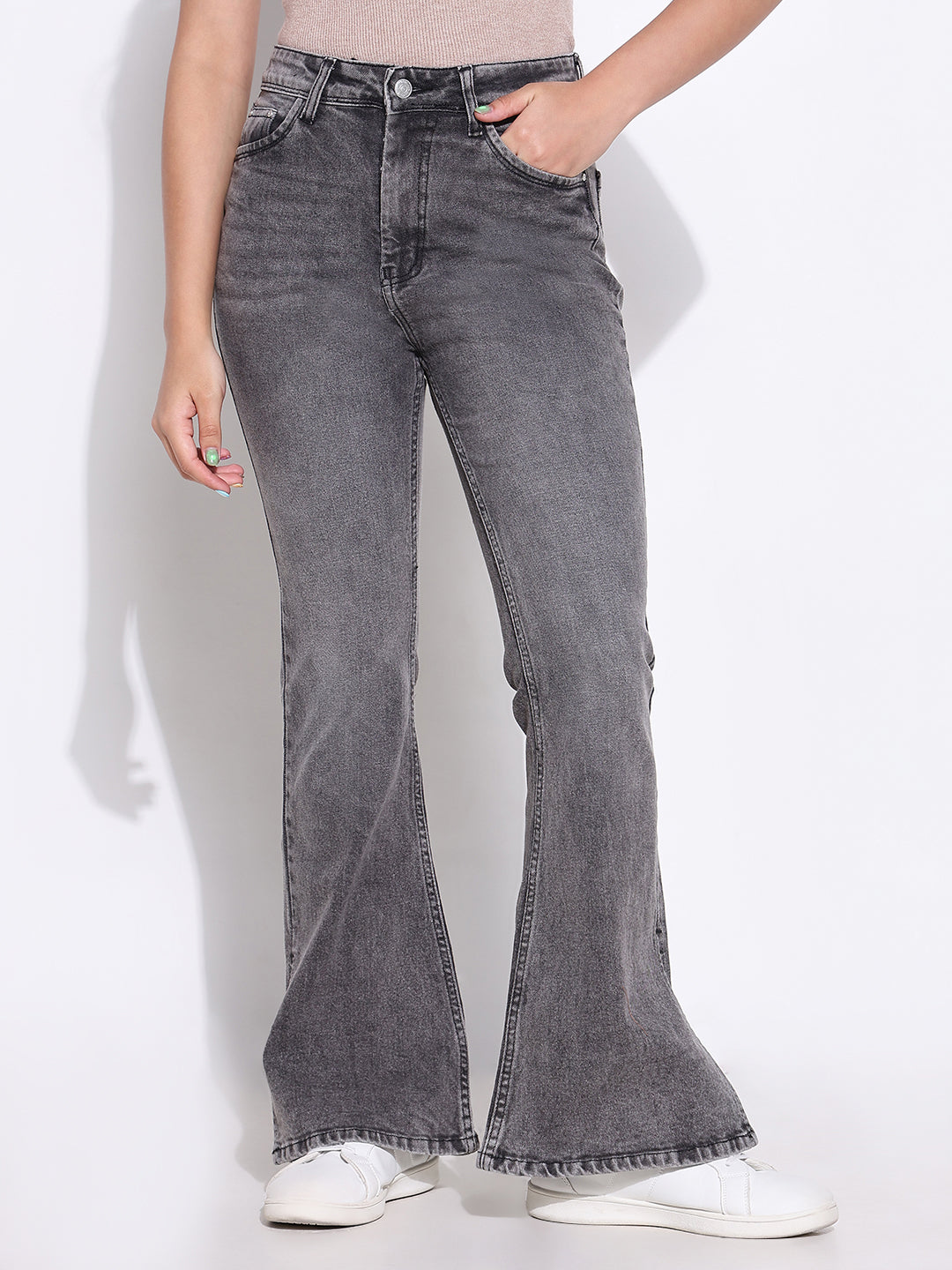 Women's Grey Comfort Bootcut Light Fade Acid Wash Stretchable Jeans