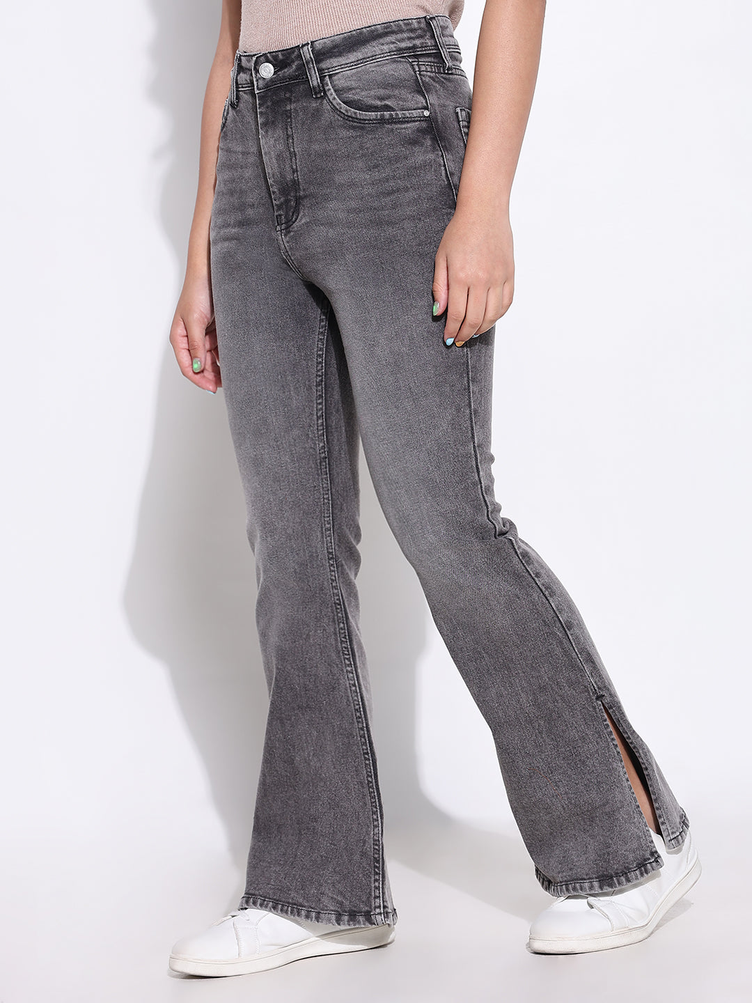 Women's Grey Comfort Bootcut Light Fade Acid Wash Stretchable Jeans