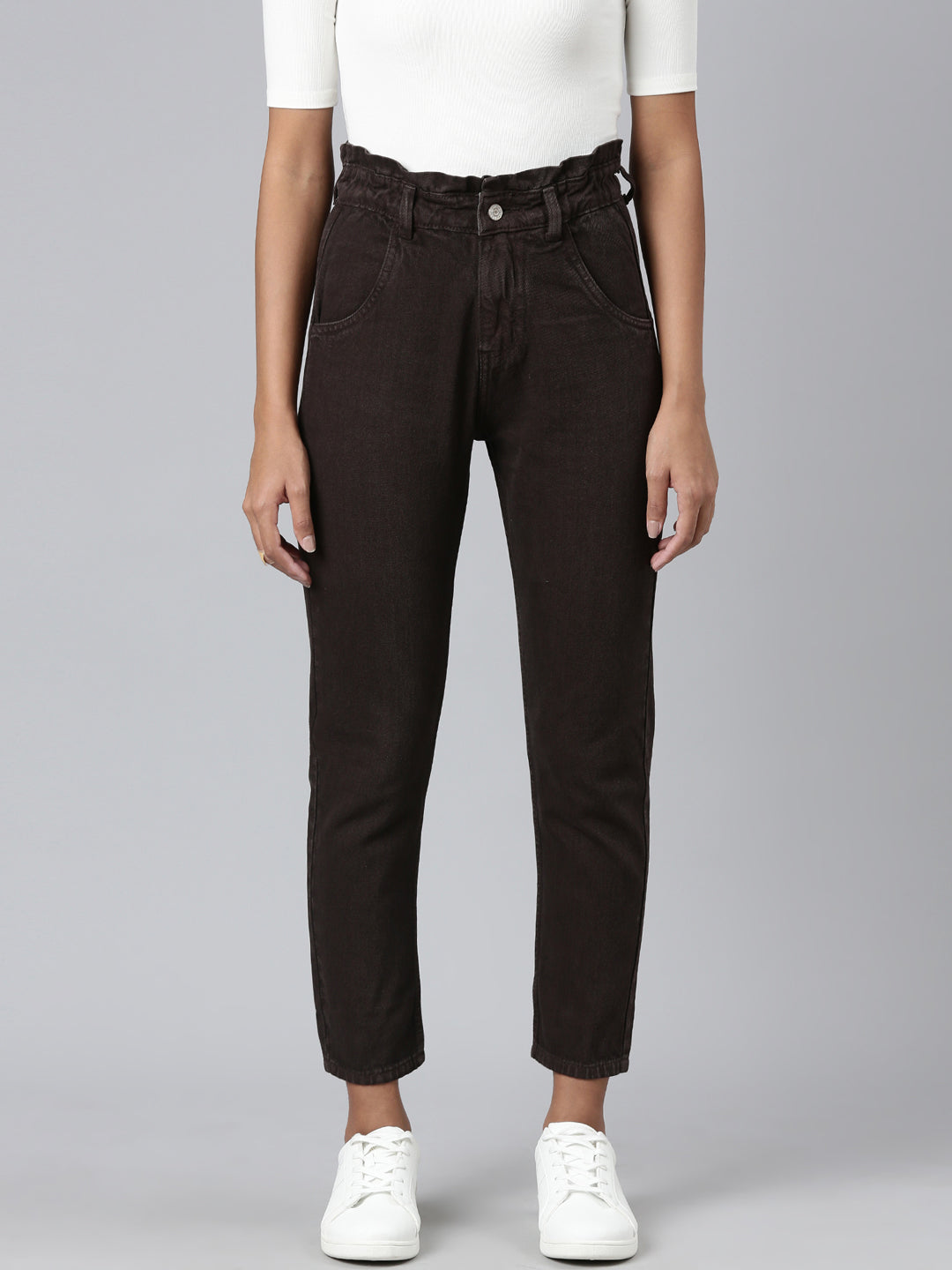 Women's Brown Mid-Rise Mom Fit Denim Jeans