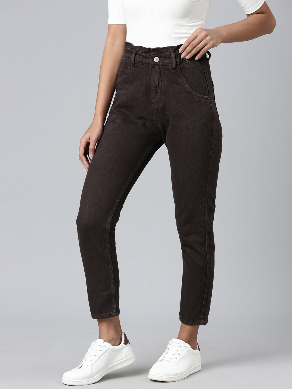 Women's Brown Mid-Rise Mom Fit Denim Jeans