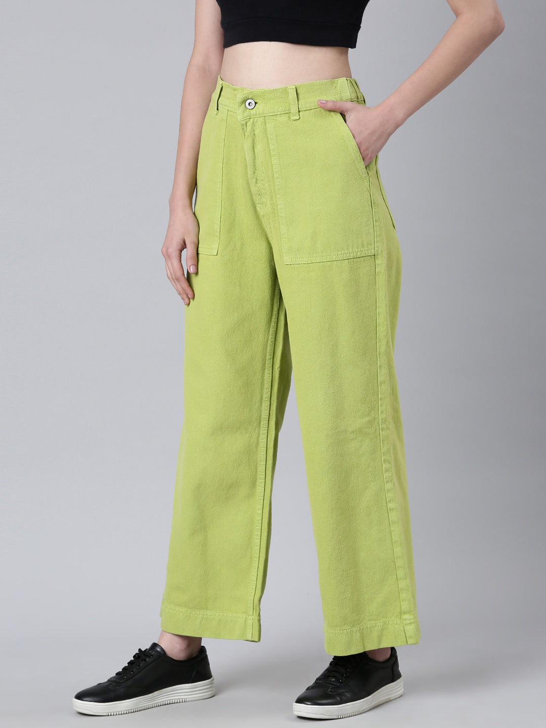 Women's Lime Green Mid Rise Wide Leg Denim Jeans