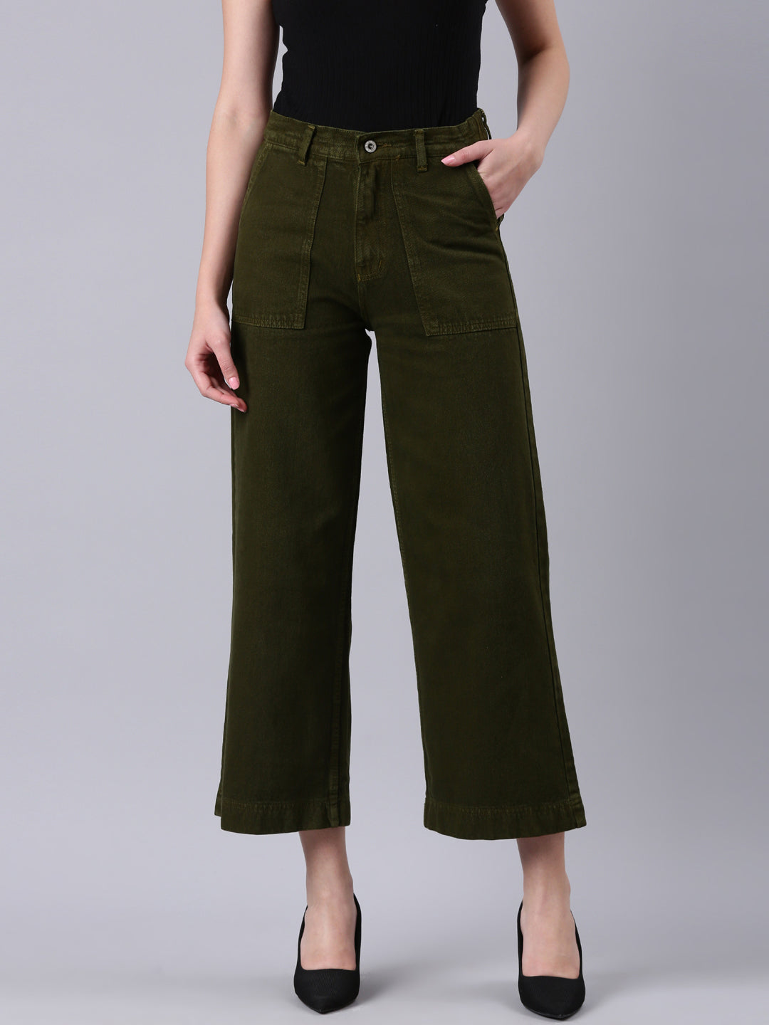 Women's Olive Wide Leg Acid Wash Denim Jeans