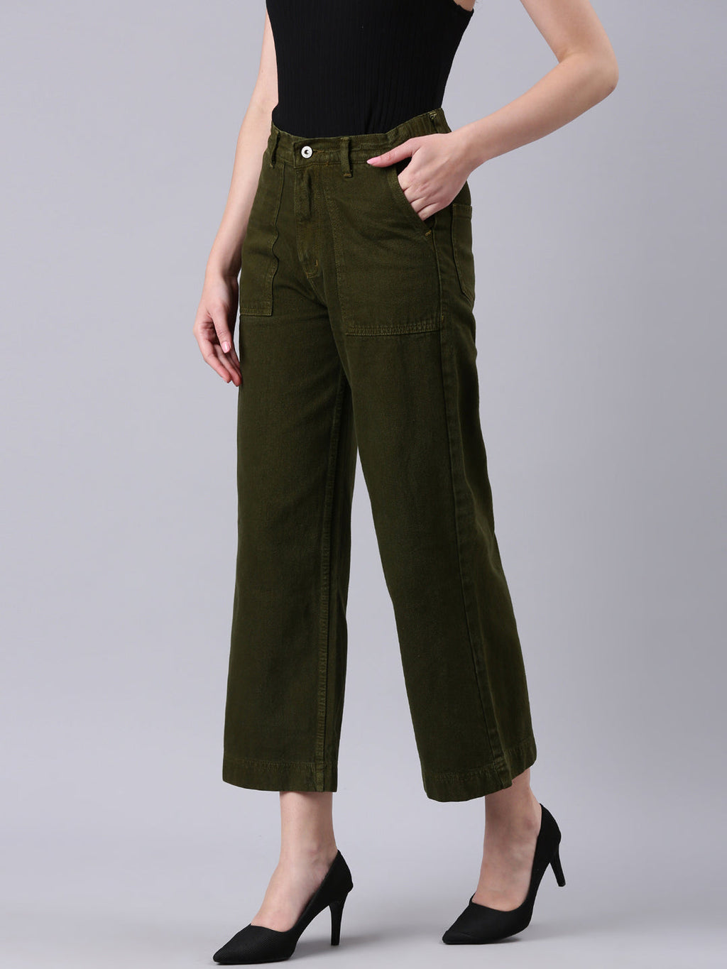 Women's Olive Wide Leg Acid Wash Denim Jeans