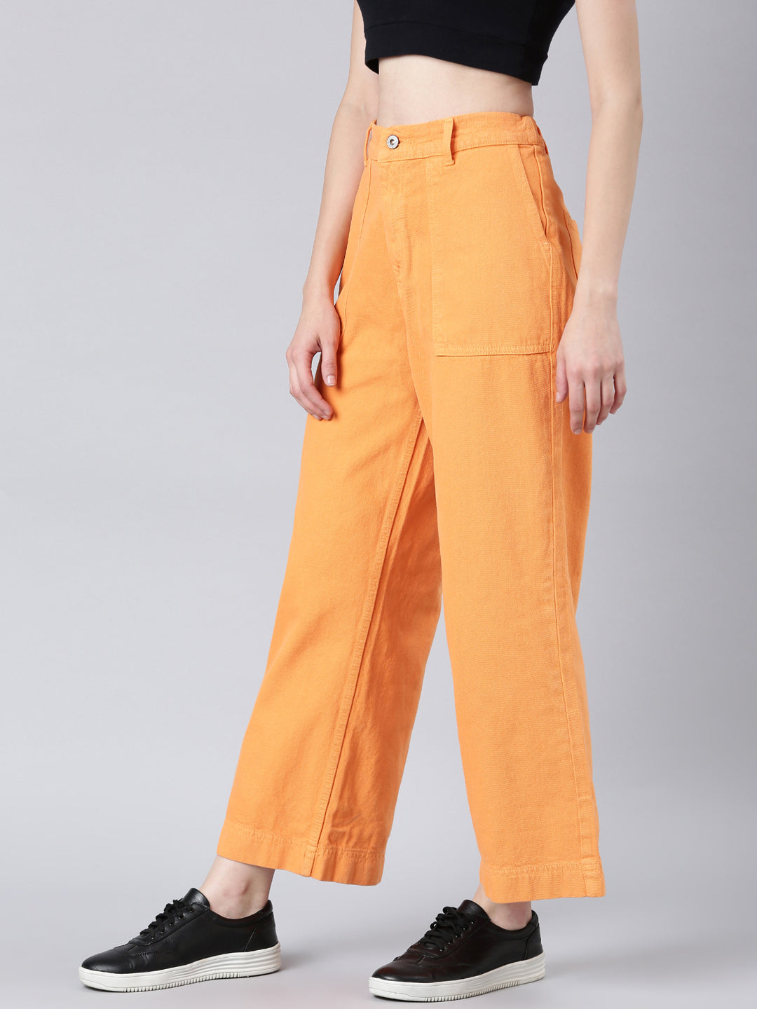 Women's Orange Wide Leg Fit Acid Wash Stretchable Denim Jeans