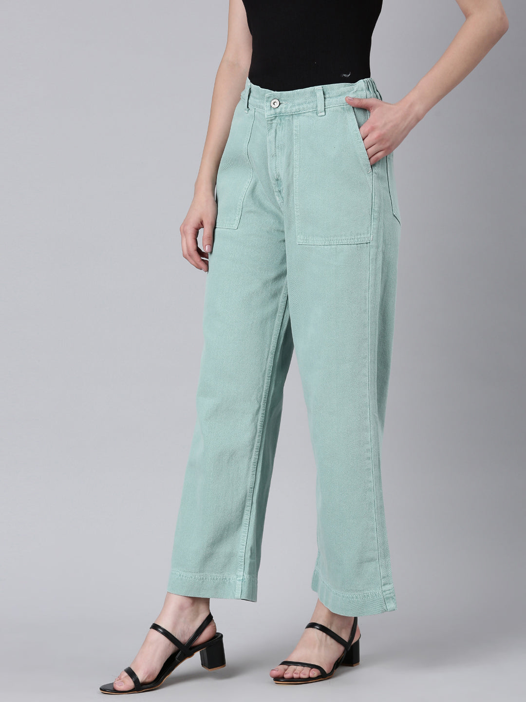 Women's Sea Green Wide Leg Acid Wash Mid-Rise Denim Jeans