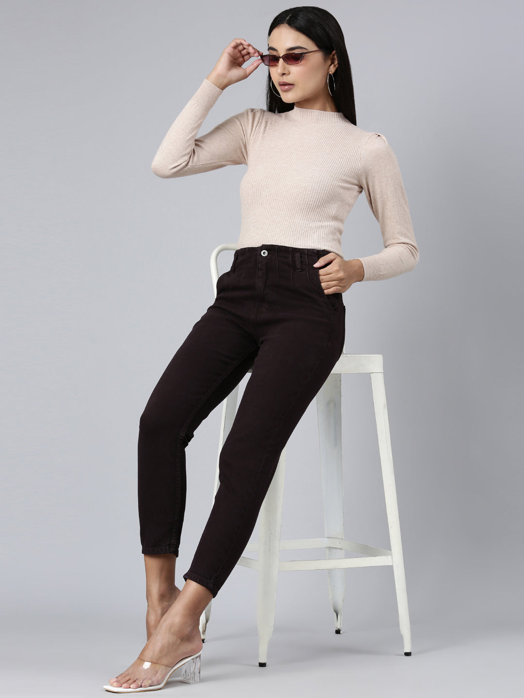 Women's Brown Mom Fit Stretchable Denim Jeans