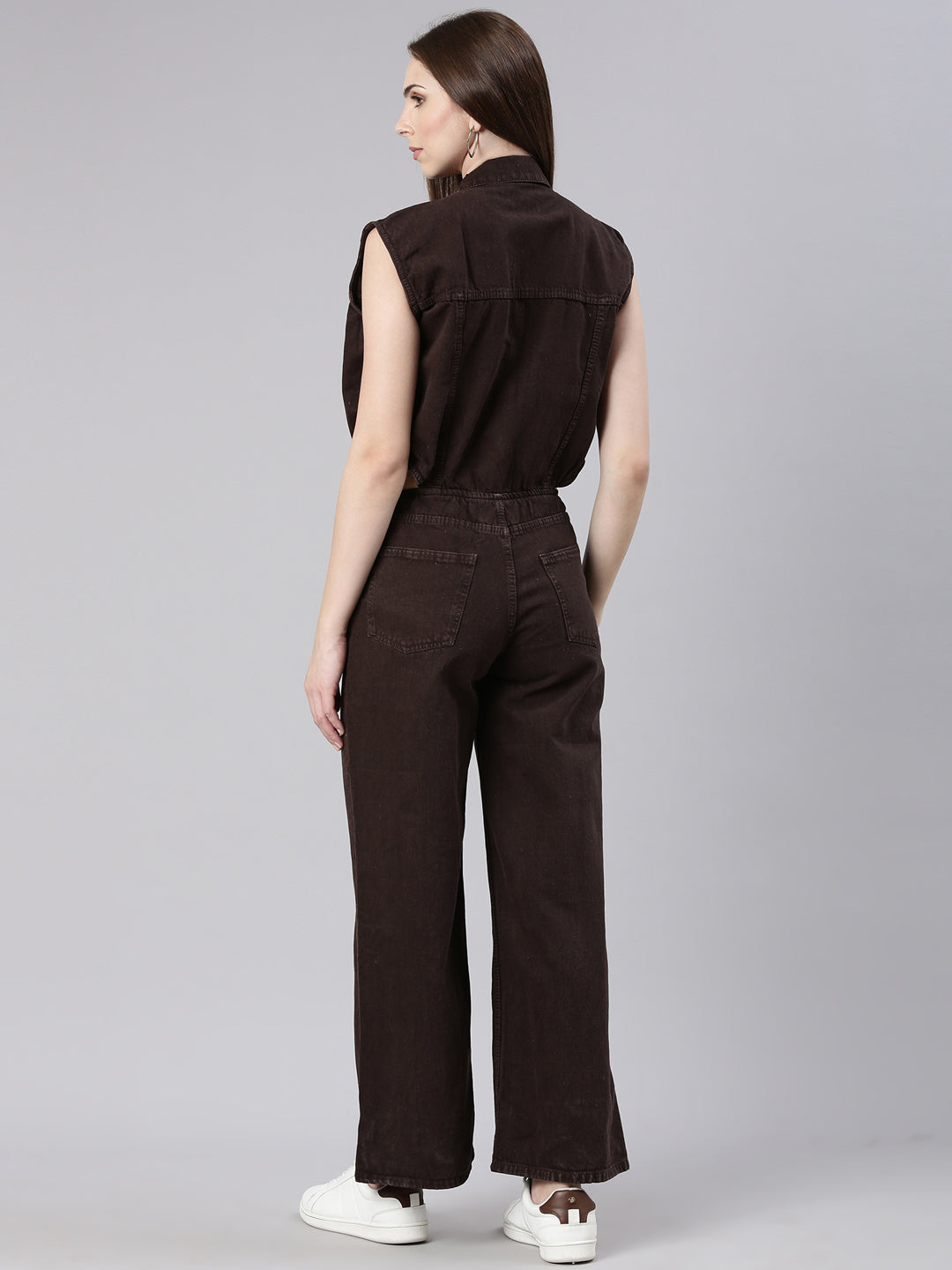 Women's Brown Cotton Shirt Collar Basic Jumpsuit