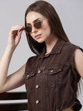 Women's Coffee Brown Shirt Collar Cotton Basic Jumpsuit