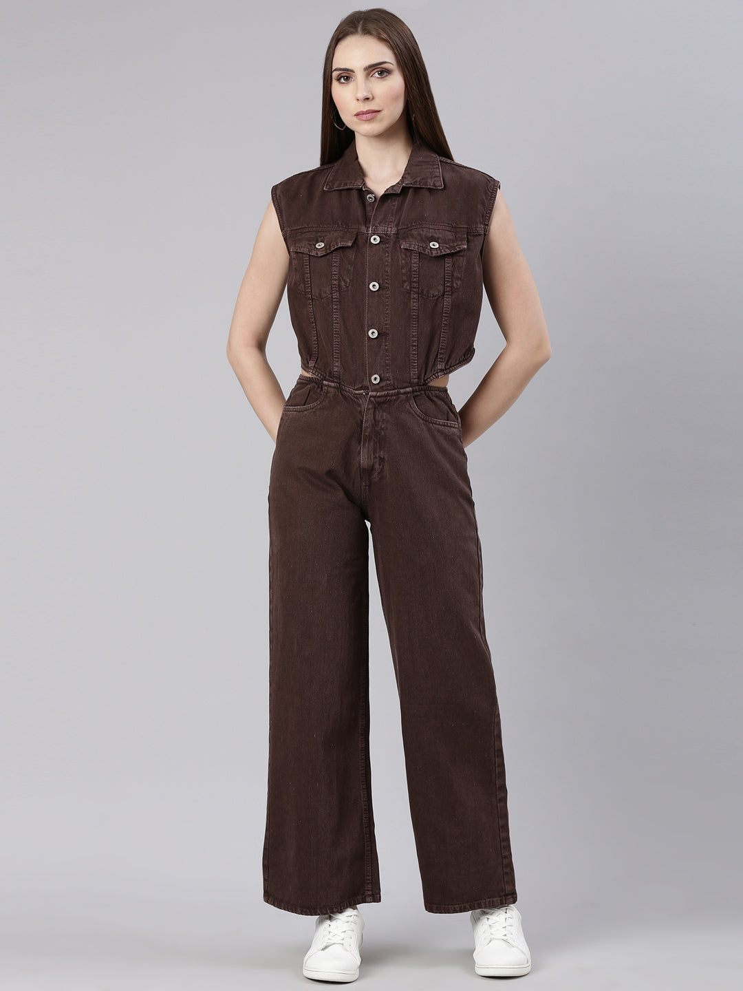 Women's Coffee Brown Shirt Collar Cotton Basic Jumpsuit