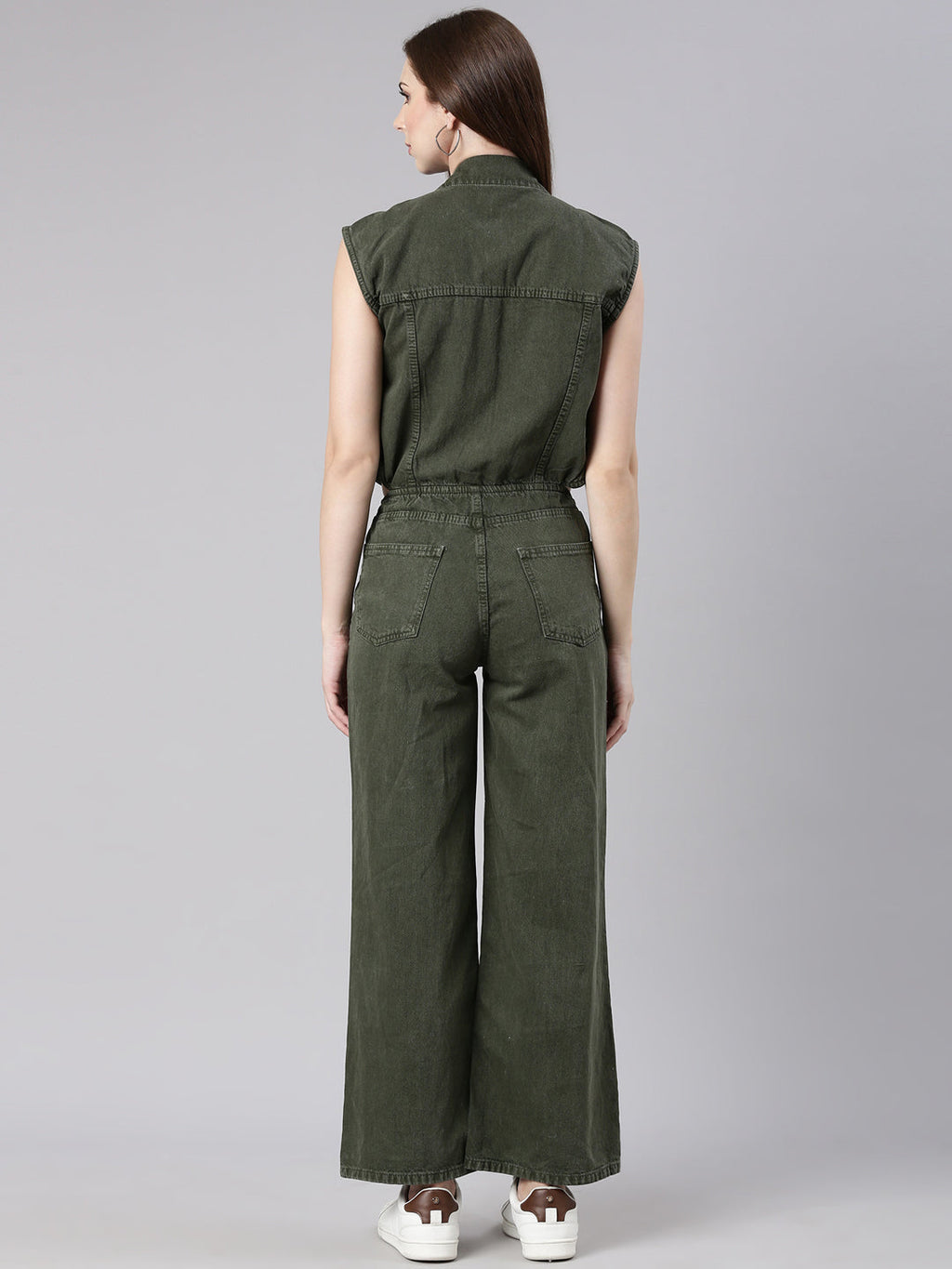 Women's Olive Shirt Collar Cotton Basic Jumpsuit