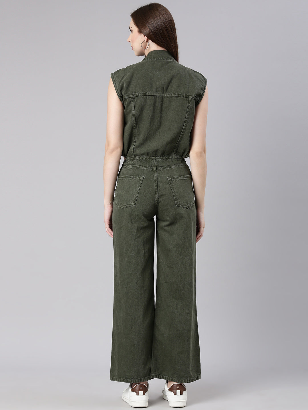 Women's Olive Shirt Collar Cotton Basic Jumpsuit