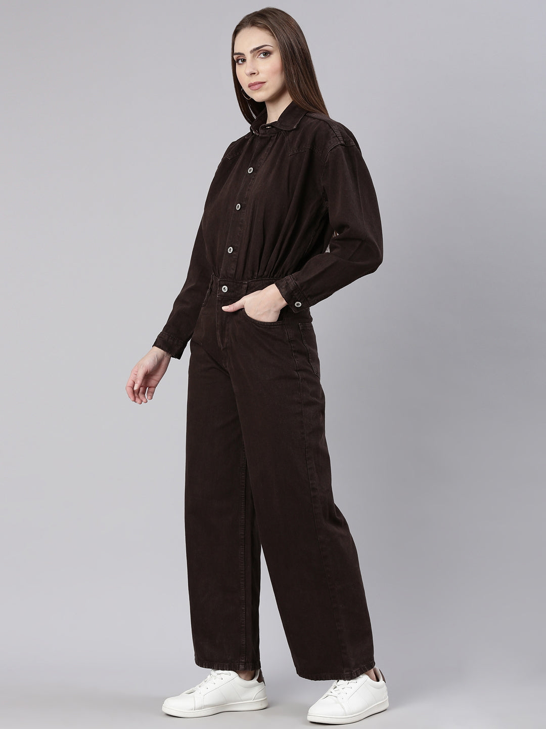 Women's Coffee Brown Shirt Collar Cotton Basic Jumpsuit