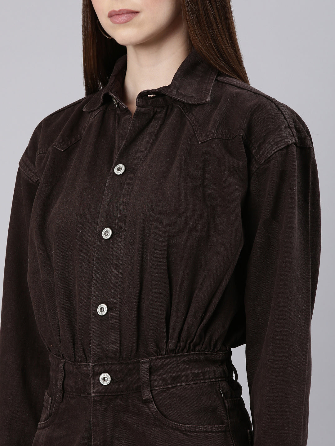 Women's Coffee Brown Shirt Collar Cotton Basic Jumpsuit