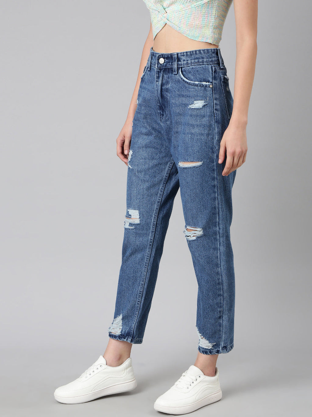 Women's Blue Solid Mom Fit Denim Jeans