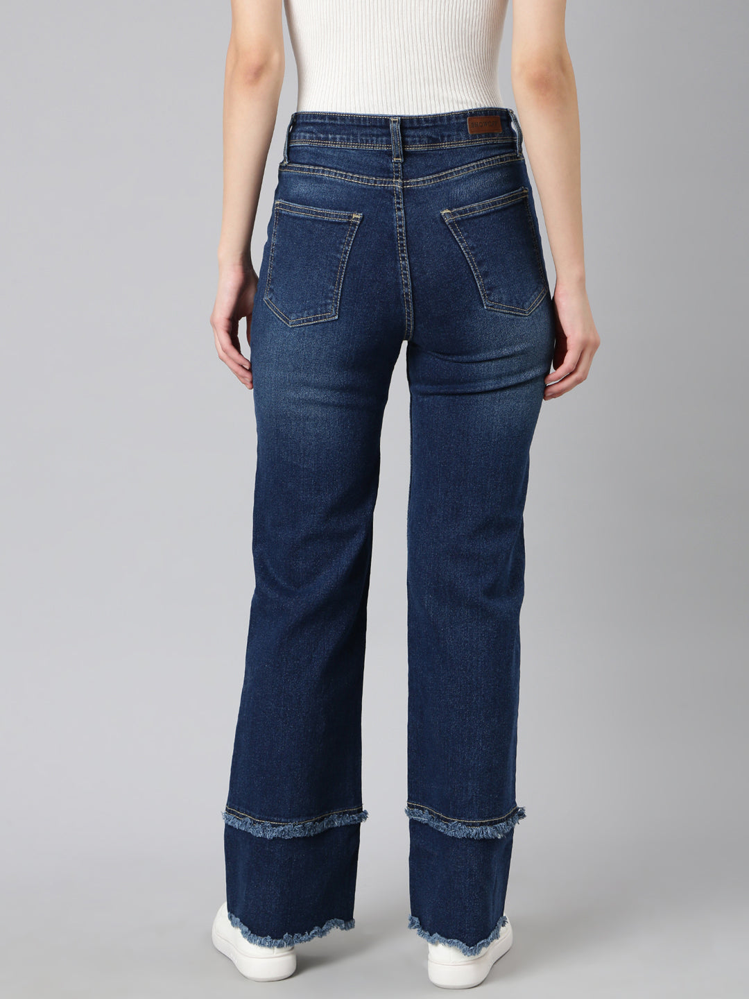 Women's Navy Blue Straight Fit Light Fade Acid Wash Denim Stretchable Jeans
