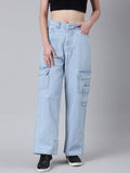 Women's Blue Wide Leg Denim Cargo Jeans