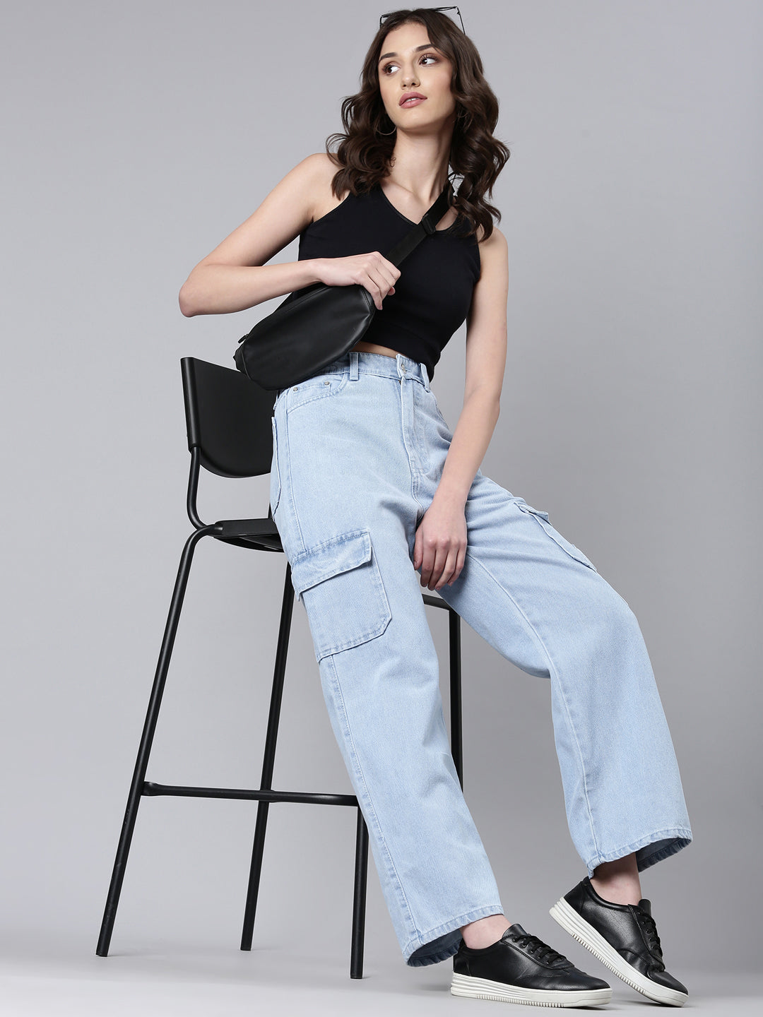 Women's Blue Wide Leg Denim Cargo Jeans