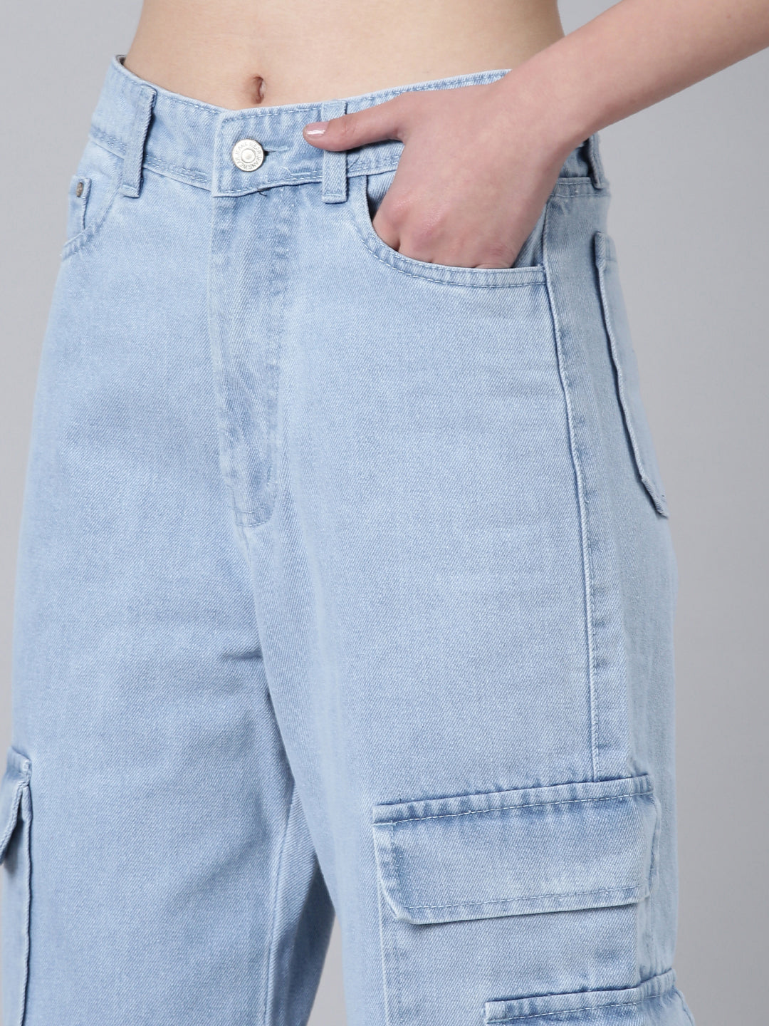 Women's Blue Wide Leg Denim Cargo Jeans