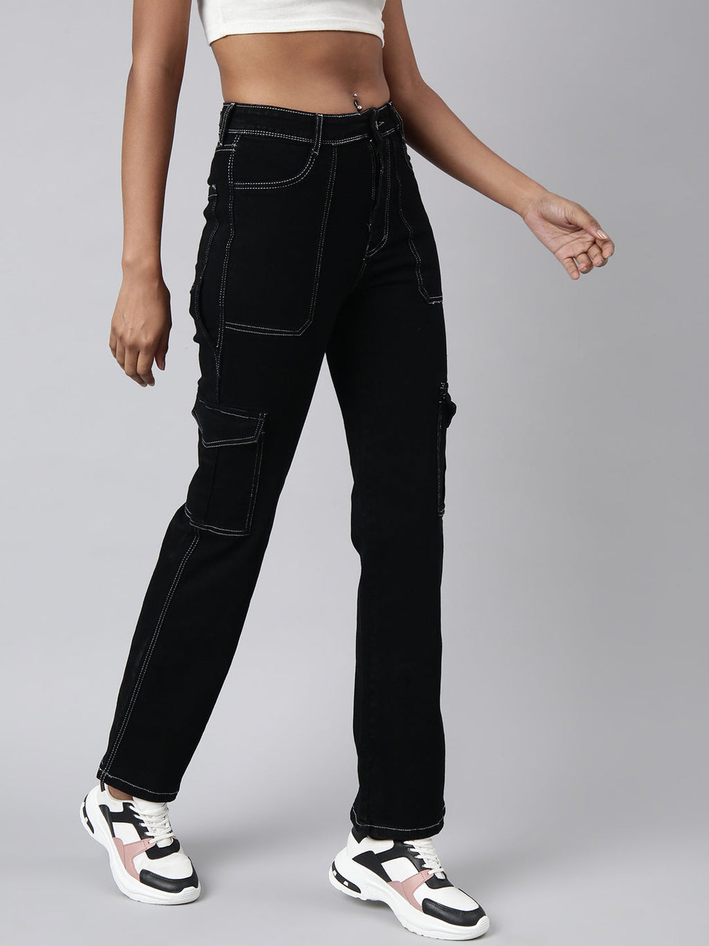Women's Black Straight Fit Cargo Jeans