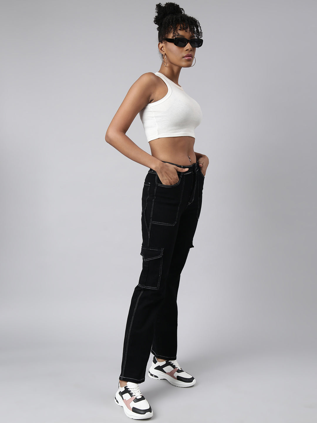 Women's Black Straight Fit Cargo Jeans