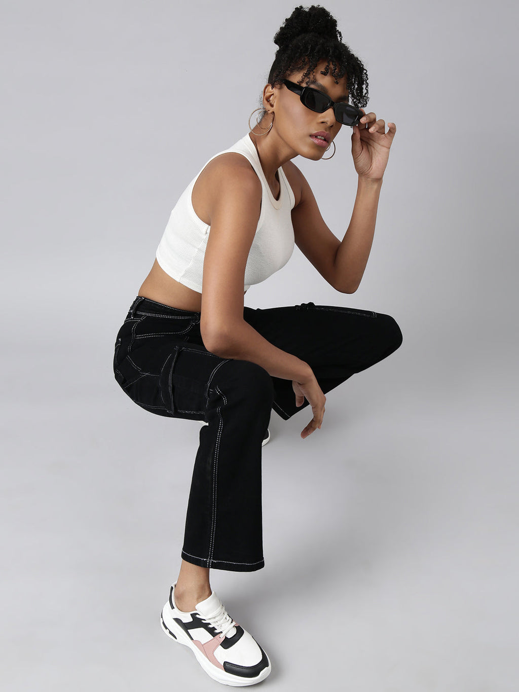 Women's Black Straight Fit Cargo Jeans