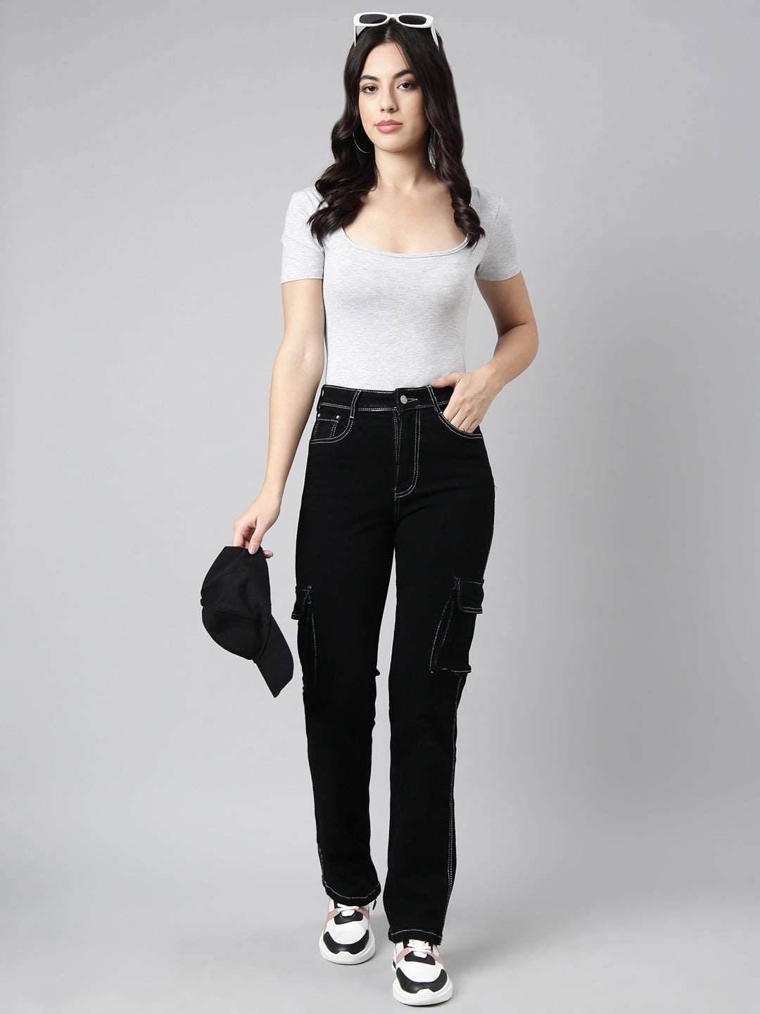Women's Black Straight Fit Stretchable Cargo Jeans