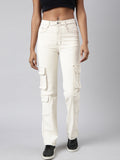 Women's Cream Straight Fit Cargo Jeans