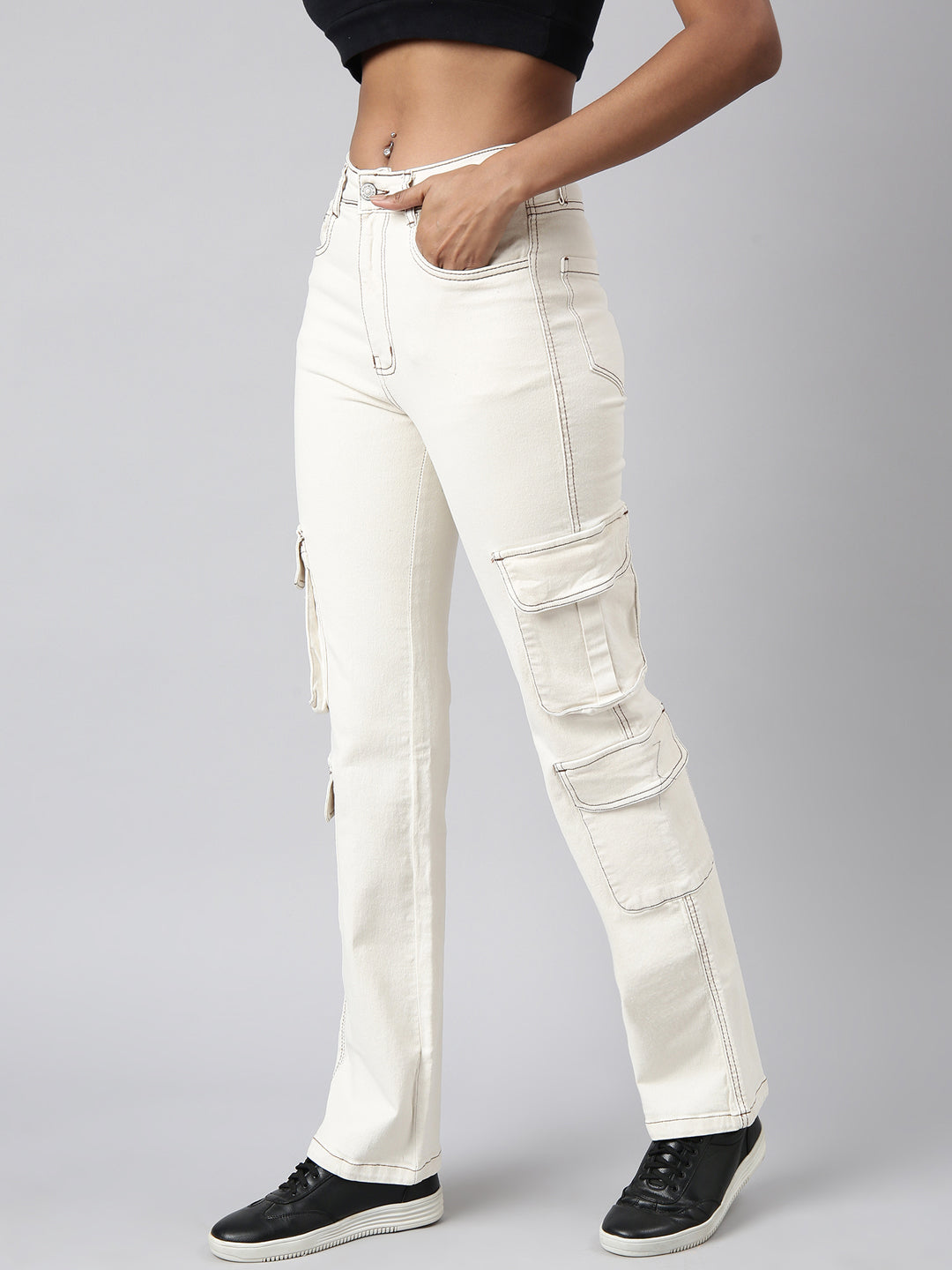 Women's Cream Straight Fit Cargo Jeans