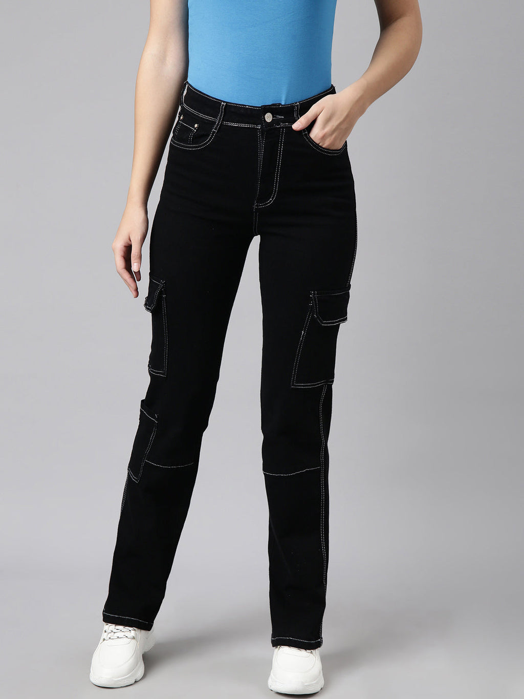 Women's Black Straight Fit Stretchable Cargo Jeans