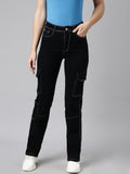 Women's Black Straight Fit Stretchable Cargo Jeans