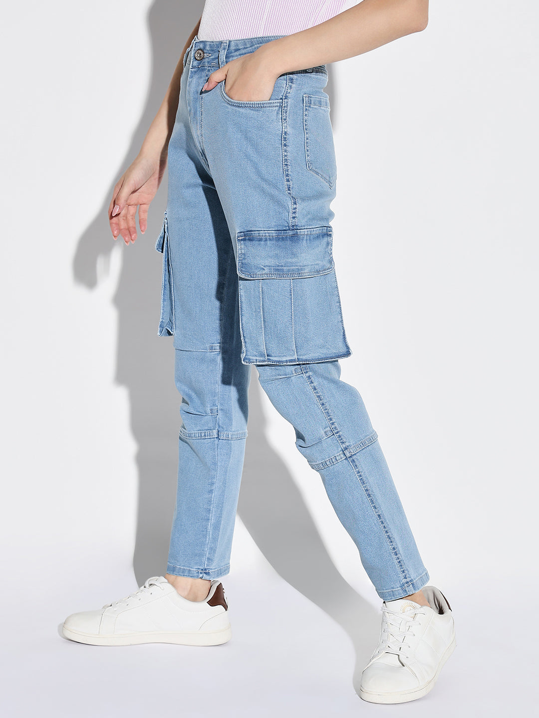 Women's Blue Comfort Straight Fit Light Fade Acid Wash Stretchable Cargo Jeans