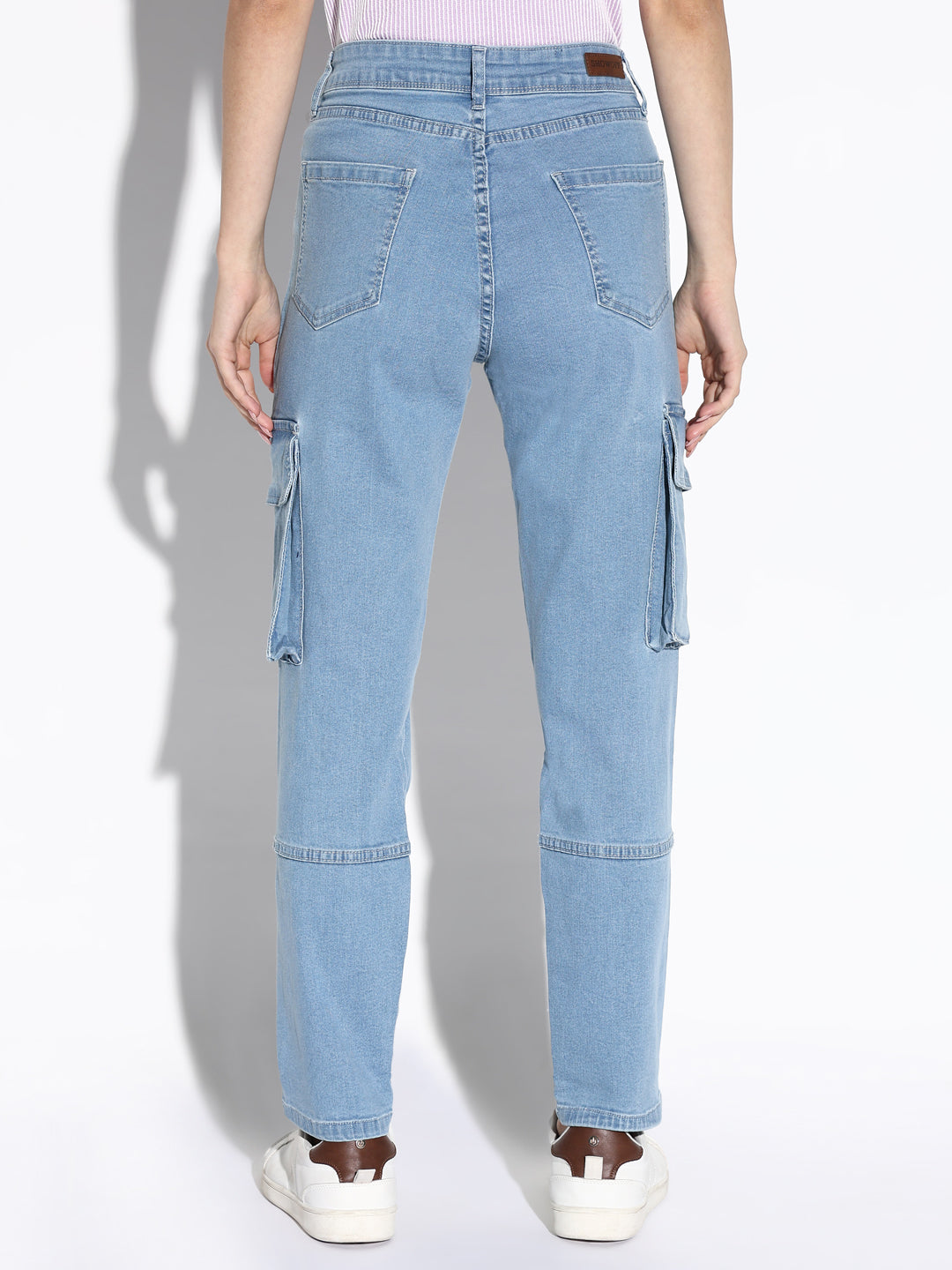 Women's Blue Comfort Straight Fit Light Fade Acid Wash Stretchable Cargo Jeans