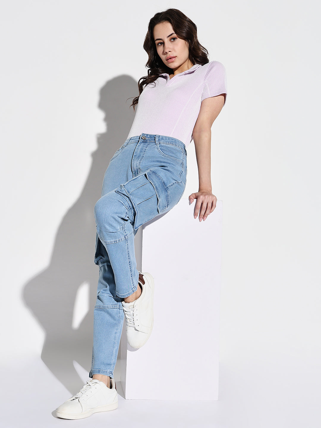 Women's Blue Comfort Straight Fit Light Fade Acid Wash Stretchable Cargo Jeans
