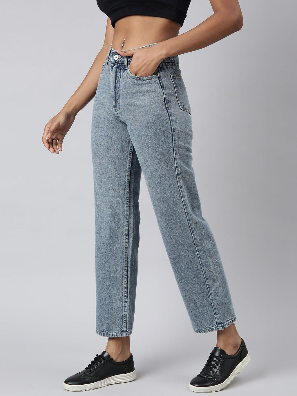 Women's Blue Straight Fit Heavy Fade Acid Wash Jeans
