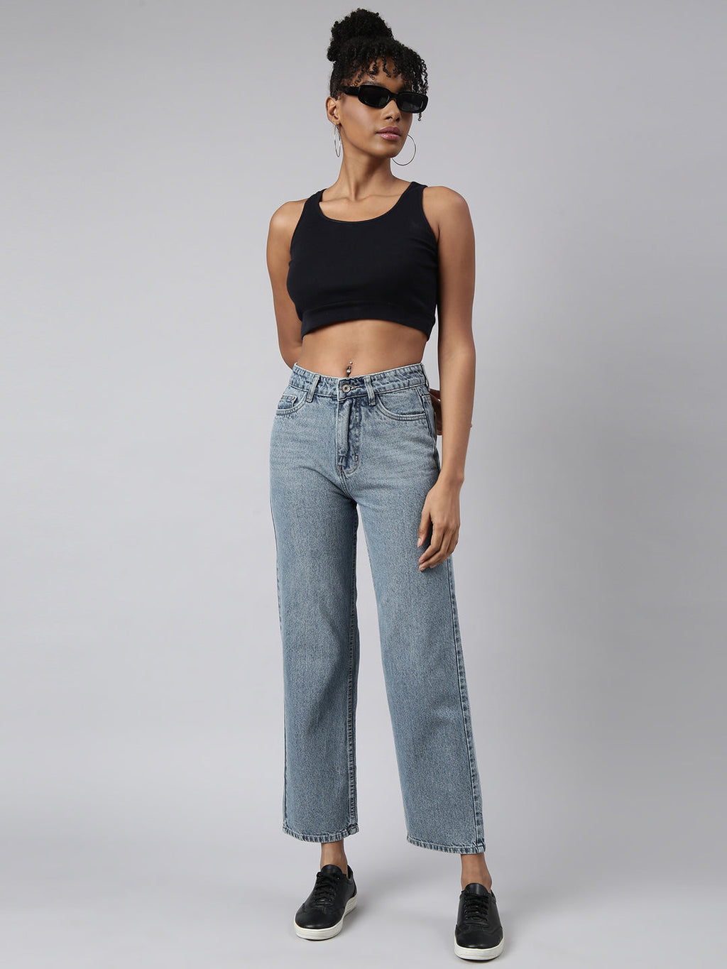 Women's Blue Straight Fit Heavy Fade Acid Wash Jeans