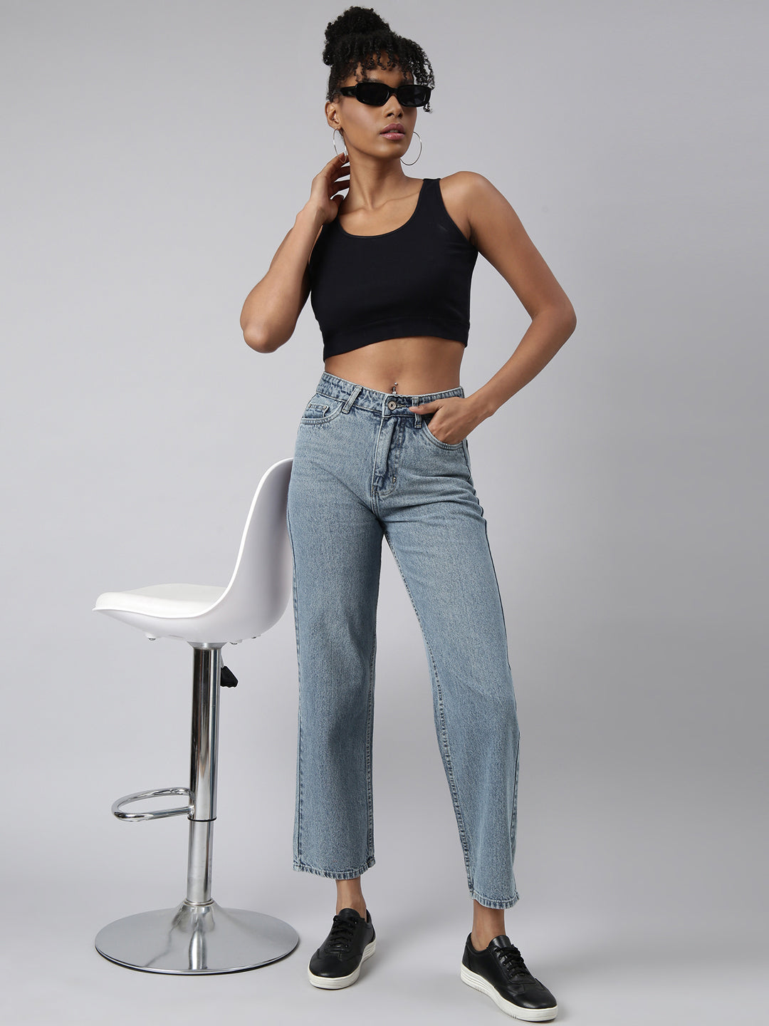 Women's Blue Straight Fit Heavy Fade Acid Wash Jeans