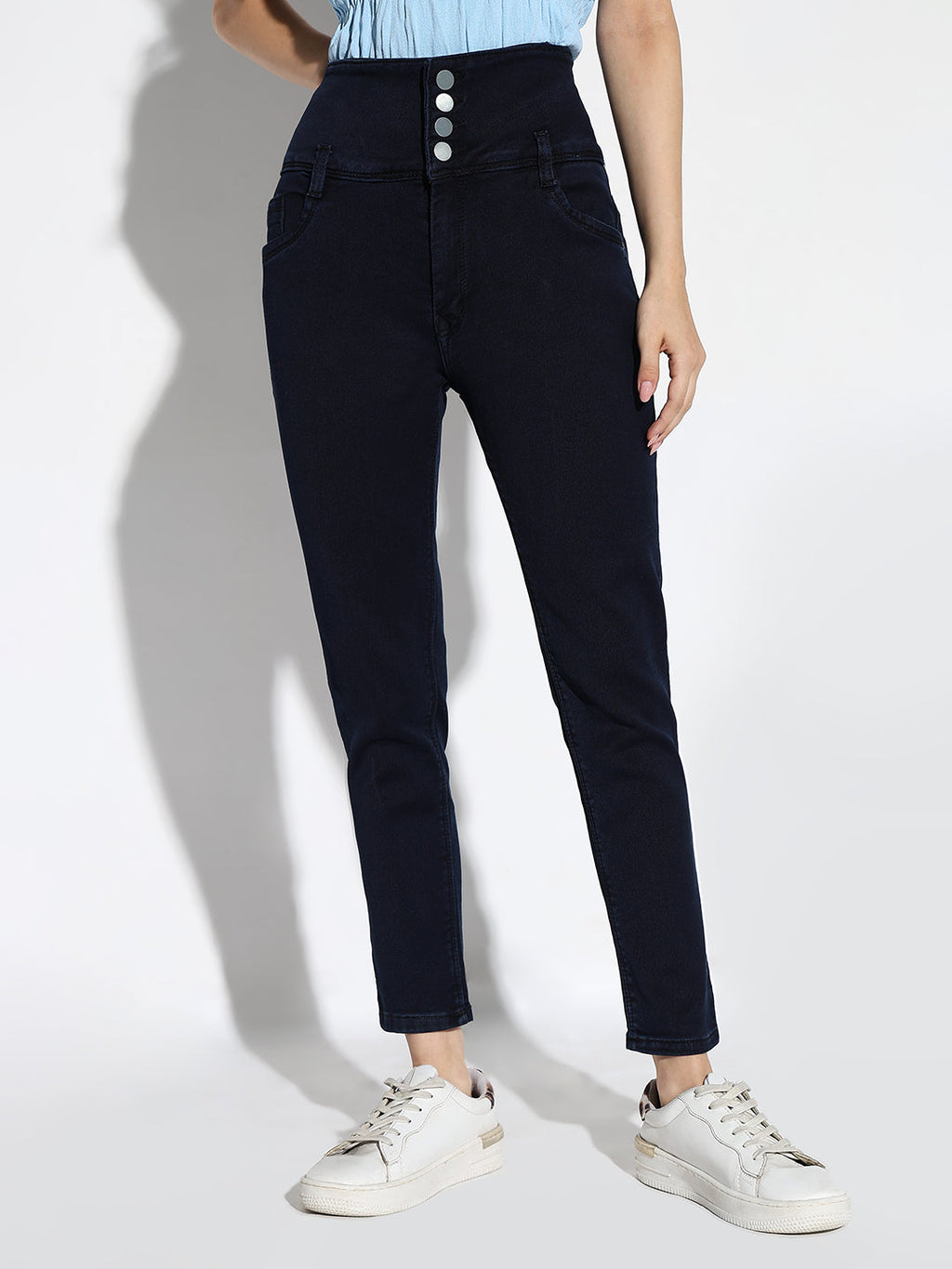 Women's Navy Blue Comfort Straight Fit Acid Wash Stretchable Jeans
