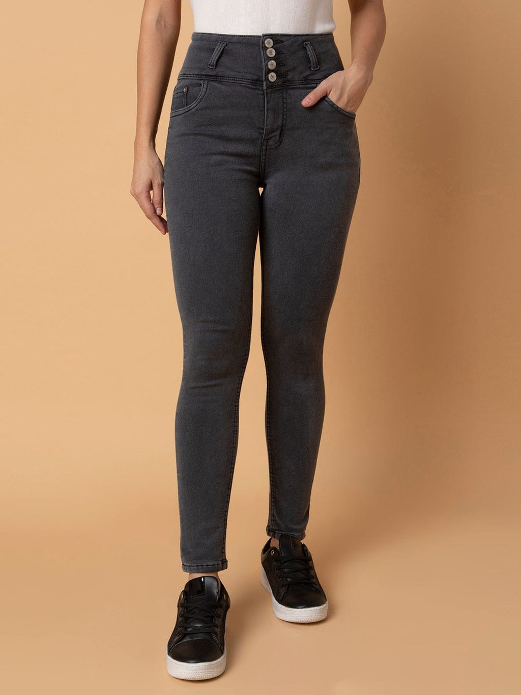 Women's Grey Straight Fit Mid-Rise Stretchable Jeans