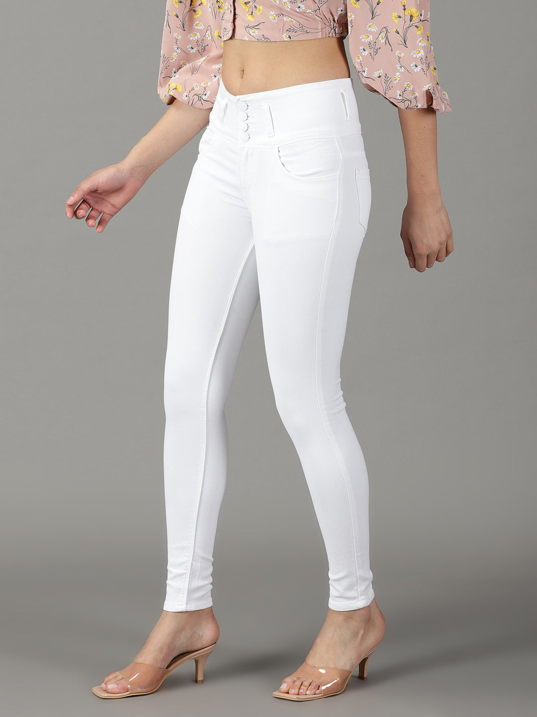 Women's White Skinny Fit High-Rise Acid Wash Stretchable Cotton Jeans