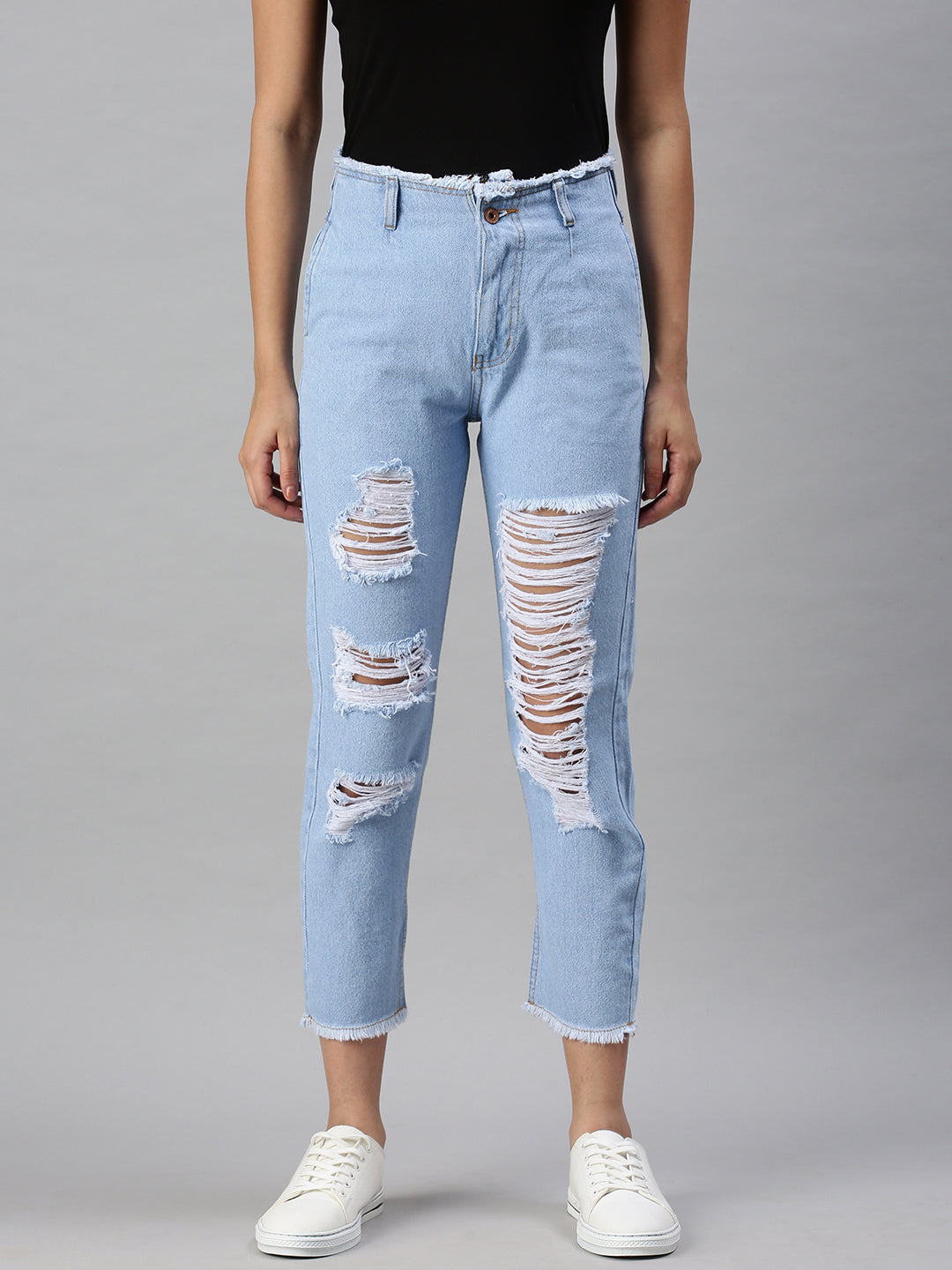 Women's Blue Mom Fit High-Rise Highly Distressed Light Fade Mom Fit Jeans