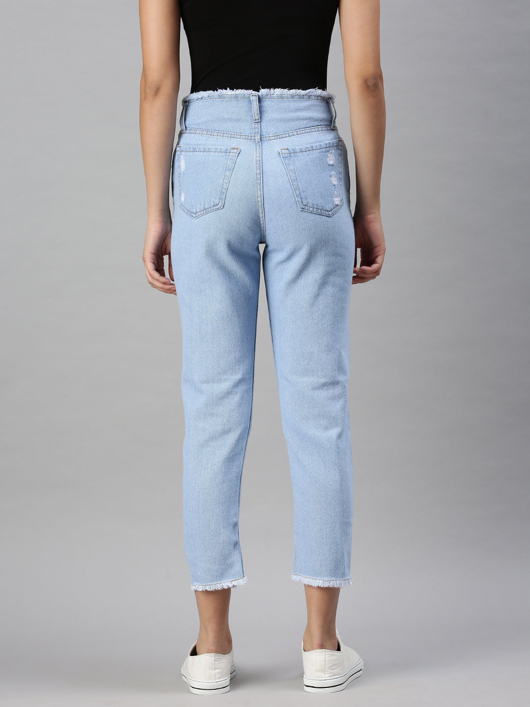 Women's Blue Mom Fit High-Rise Highly Distressed Light Fade Mom Fit Jeans