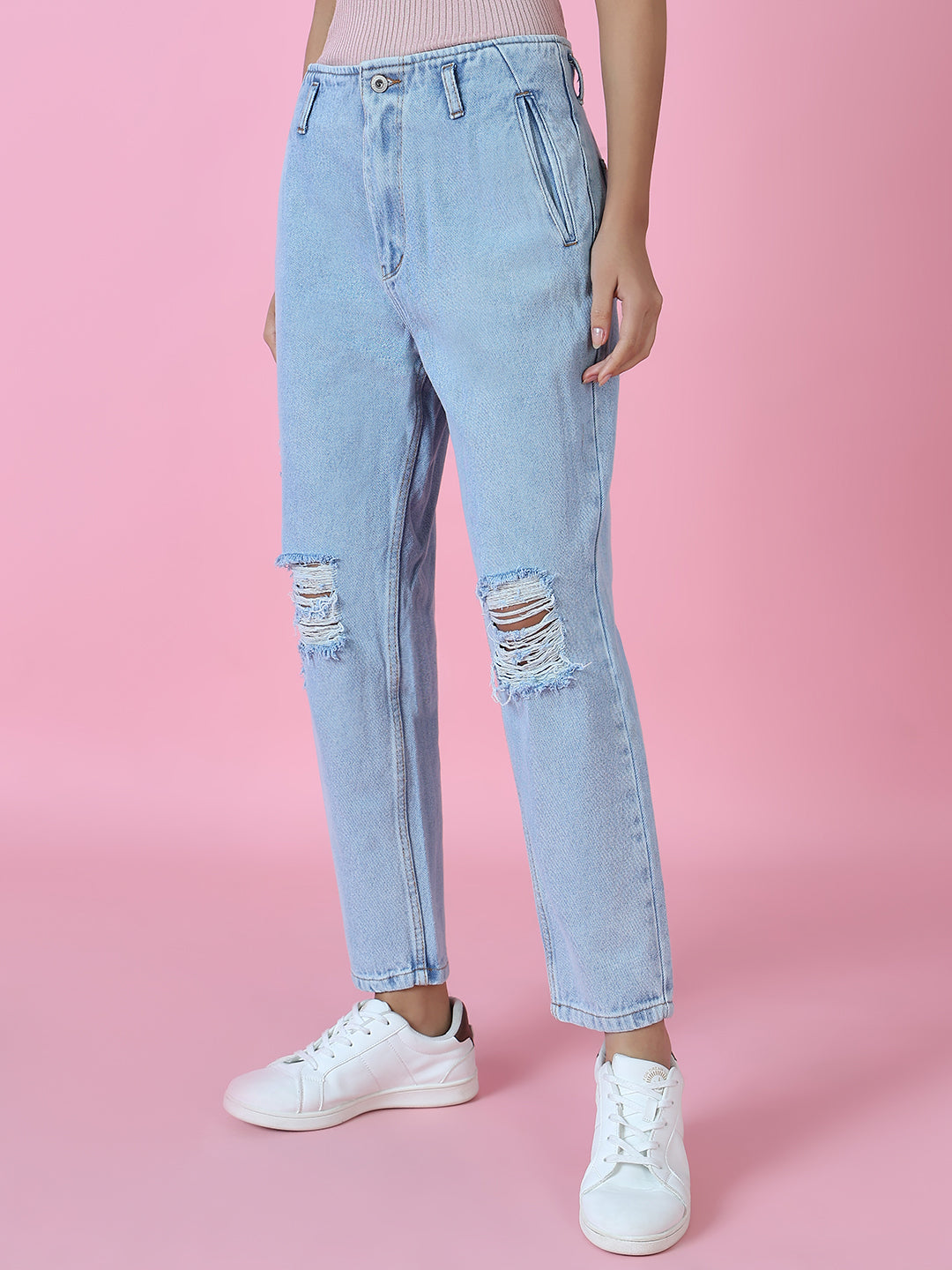Women's Blue High-Rise Mildly Distressed Elasticated Cotton Jeans