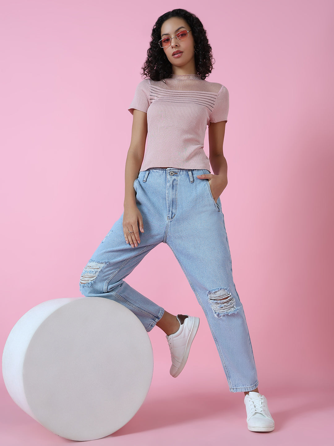 Women's Blue High-Rise Mildly Distressed Elasticated Cotton Jeans