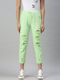 Women's Lime Green Cotton High-Rise Highly Distressed Elasticated Jogger Jeans